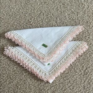 Vintage White Linen  Cocktail Napkins /Handkerchiefs with Pink Crochet Trim